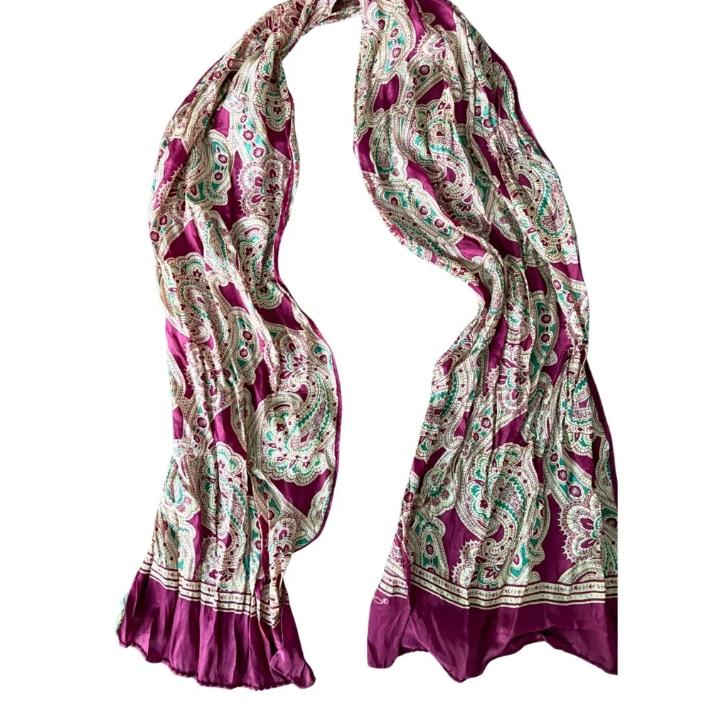 Echo 100% Silk Paisley Scarf Purple Green Boho Vintage Luxury
